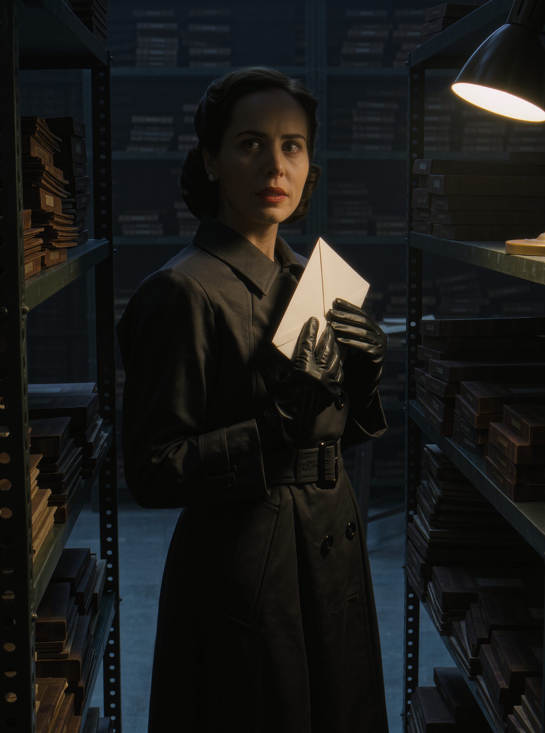 A woman in a trench coat in an archive