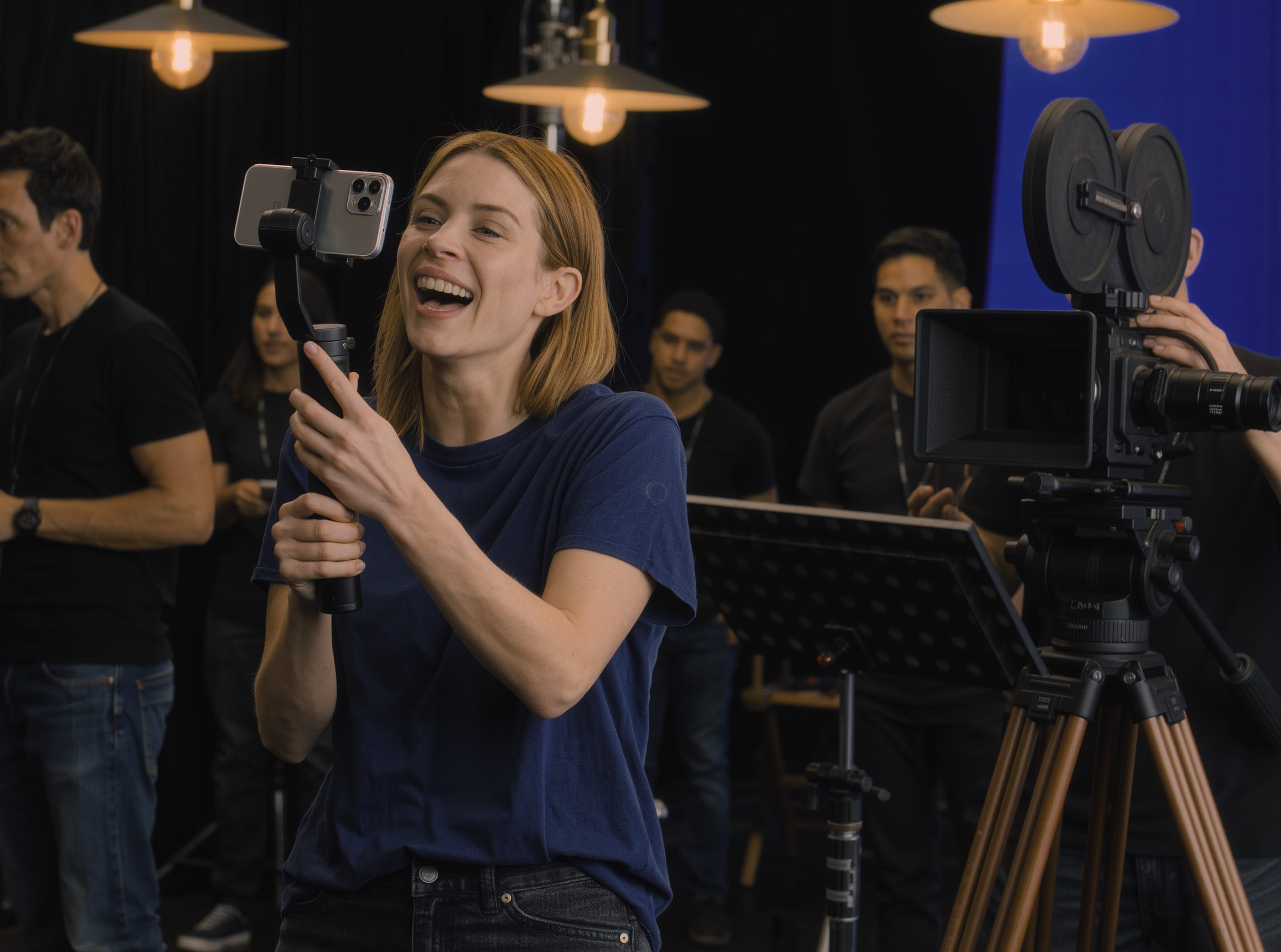 A creator filming between takes on a film set